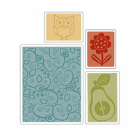 Sizzix - BasicGrey - Textured Impressions - Figgy Pudding Collection - Embossing Folders - Flower, Owl and Pear Set