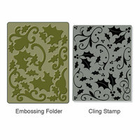 Sizzix - Stamp and Emboss - Hero Arts - Christmas - Embossing Folder and Repositionable Rubber Stamp - Holly Background Set
