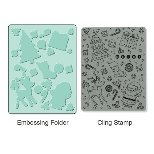 Sizzix - Stamp and Emboss - Hero Arts - Christmas - Embossing Folder and Repositionable Rubber Stamp - Merry Background Set