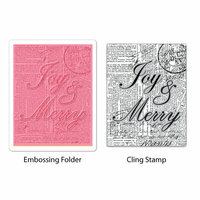 Sizzix - Stamp and Emboss - Hero Arts - Embossing Folder and Repositionable Rubber Stamp - Joy and Merry Set