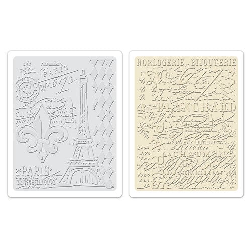 Sizzix - Tim Holtz - Alterations Collection - Texture Fades - Embossing Folders - Eiffel Tower and French Script Set