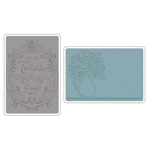 Sizzix - French Farmhouse Collection - Textured Impressions - Embossing Folders - Flowers and Perfume Label Set