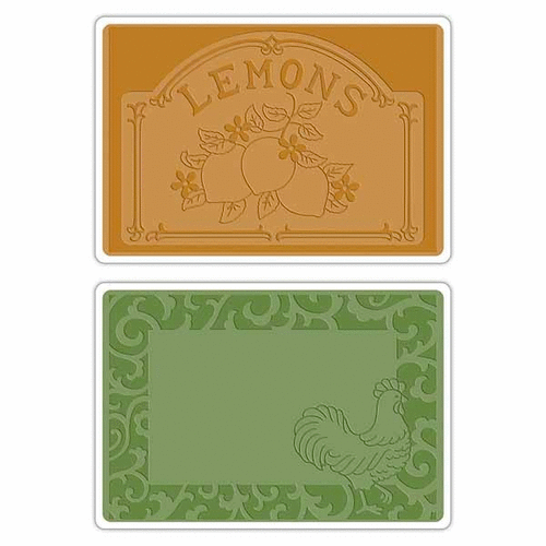 Sizzix - French Farmhouse Collection - Textured Impressions - Embossing Folders - Rooster Frame and Lemon Label Set