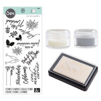 Sizzix - Making Essentials Collection - Silver and Clear Opaque Embossing Powder, Clear Embossing Ink Pad and Clear Acrylic Stamps - Frases Festivas Bundle