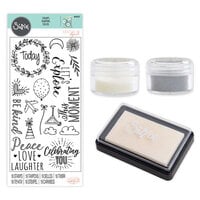Sizzix - Making Essentials Collection - Silver and Clear Opaque Embossing Powder, Clear Embossing Ink Pad and Clear Acrylic Stamps - Everyday Sentiments Bundle