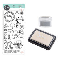 Sizzix - Making Essentials Collection - Silver Opaque Embossing Powder, Clear Embossing Ink Pad and Clear Acrylic Stamps - Everyday Sentiments Bundle