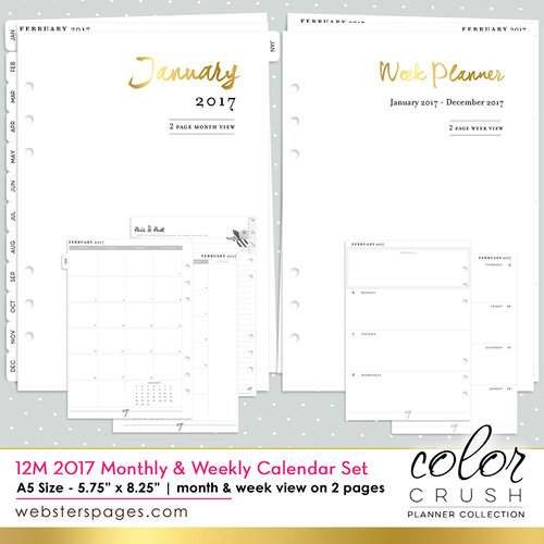 Websters Pages - Color Crush Collection - A5 Planner - Inserts - 12 Month - Week and Month Calendar - Jan. 2017 to Dec. 2017