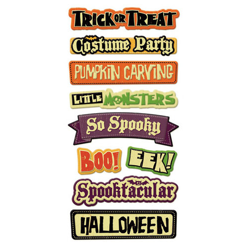 We R Memory Keepers - Heebie Jeebies Collection - Halloween - Self Adhesive Layered Chipboard with Glitter Accents - Words